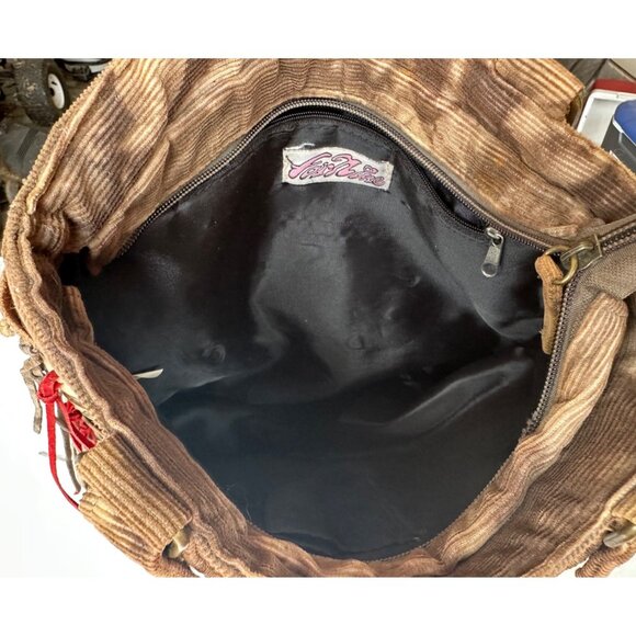 For Nine Dark Brown Corduroy Shih Tzu Dog Theme Shoulder Bag w/Leather Tassels - Picture 9 of 13